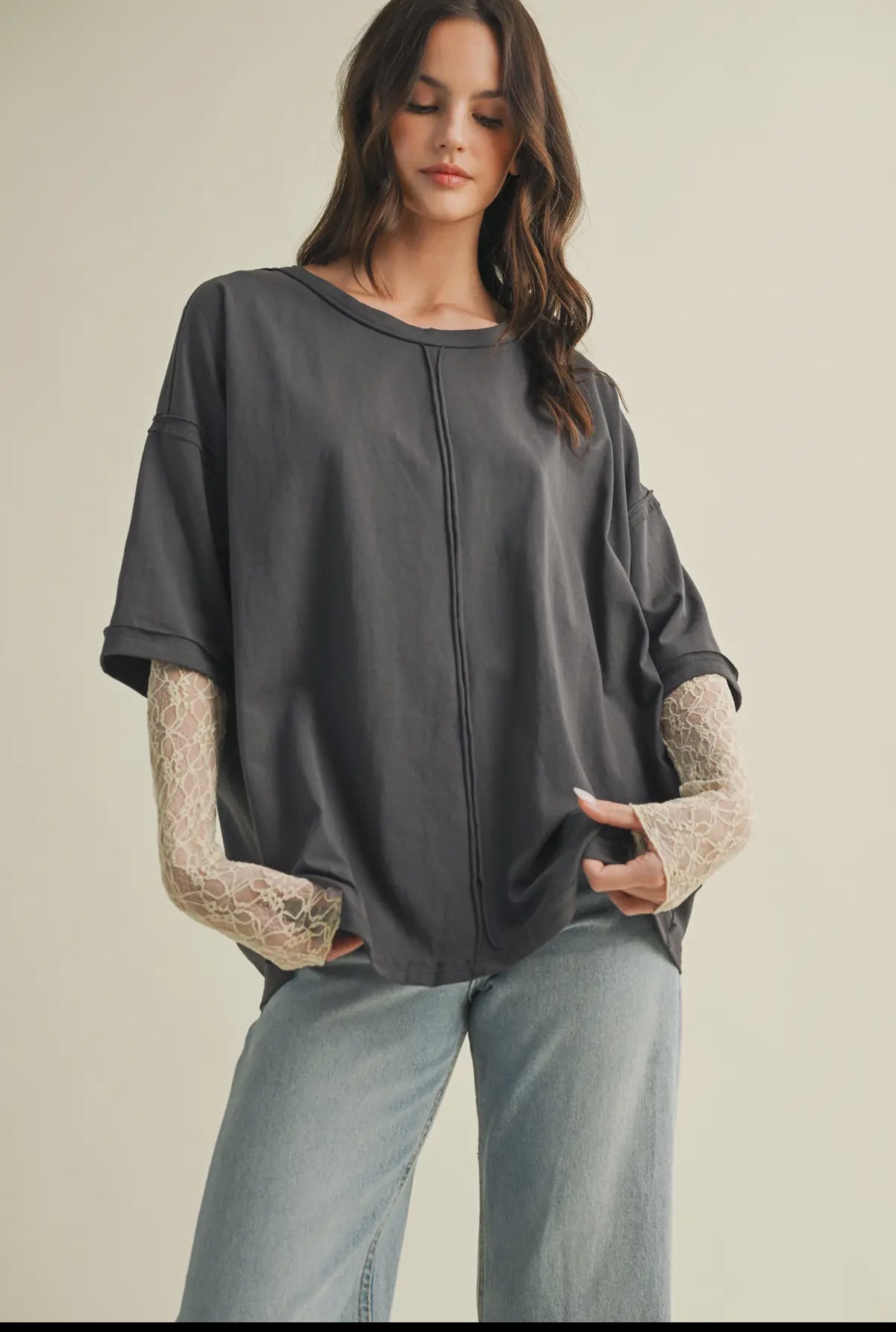 Gray Top With Lace Sleeve