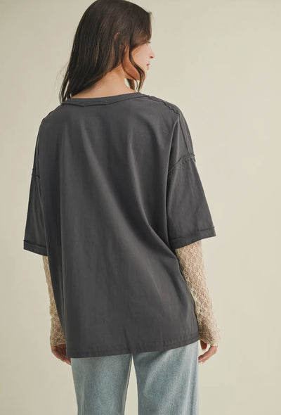Gray Top With Lace Sleeve