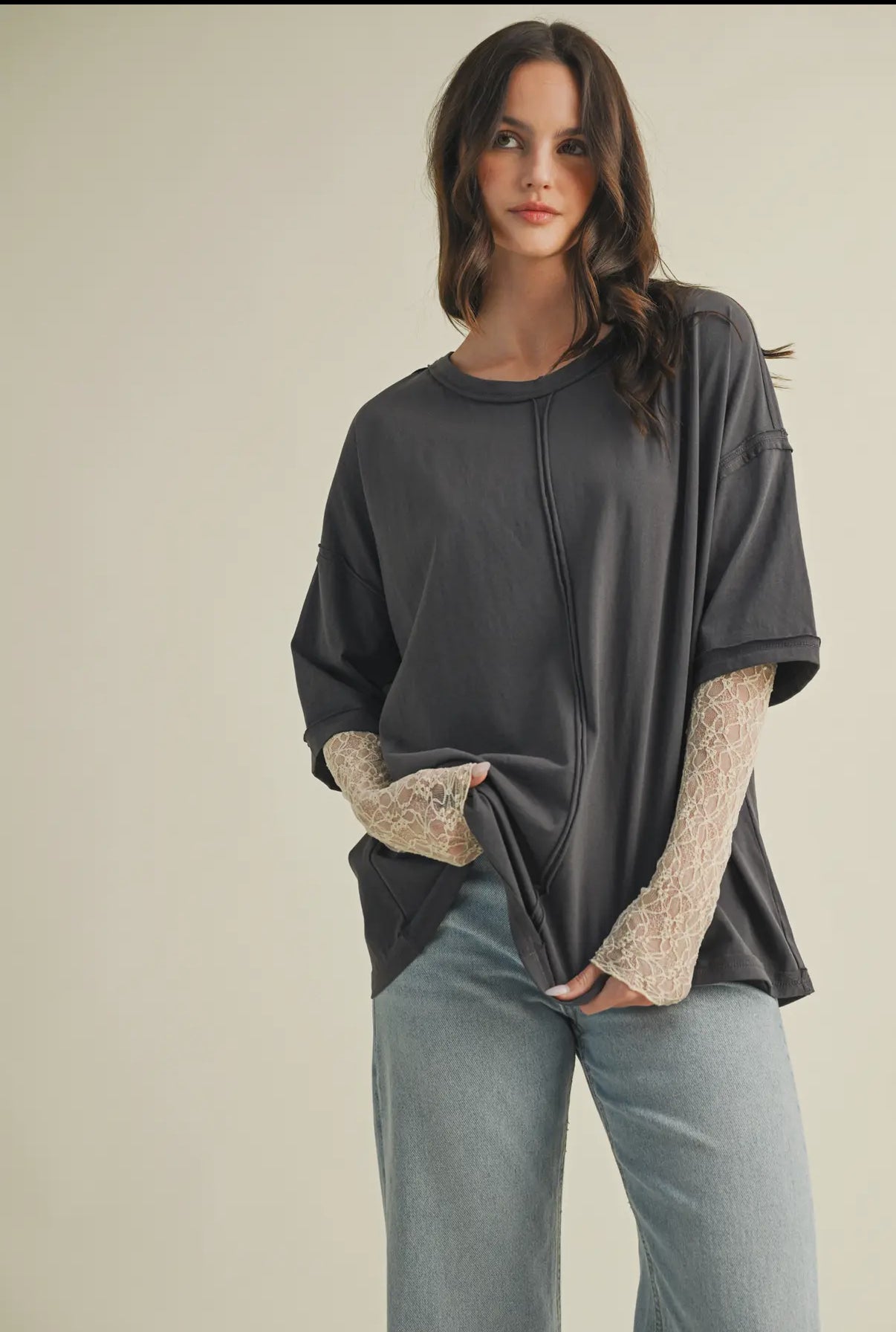 Gray Top With Lace Sleeve
