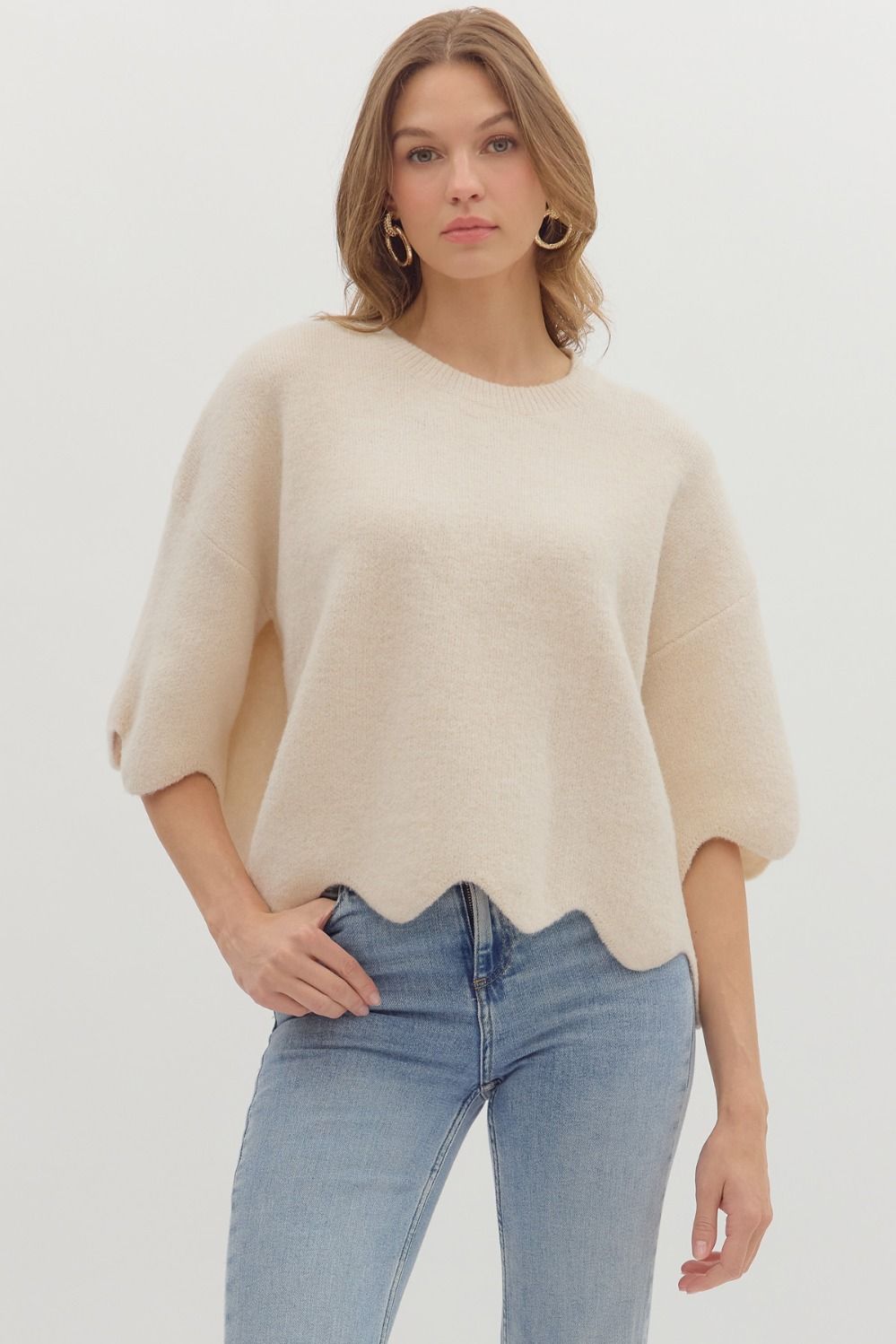 Cream Scalloped Sweater Top