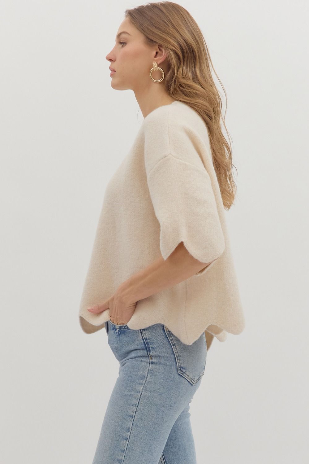 Cream Scalloped Sweater Top